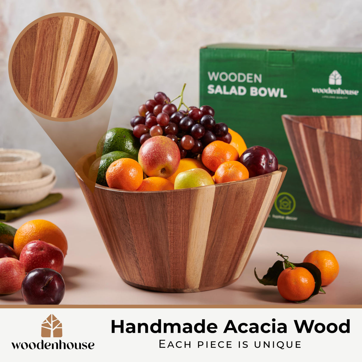 Wooden Salad Bowl, Wood Bowl - 12" Wavy Design Large Salad Bowl for Serving, Fruit Bowls, Handmade, Durable and Stylish Natural Wood Dining Accessory by Woodenhouse WOODENHOUSE LIFELONG QUALITY