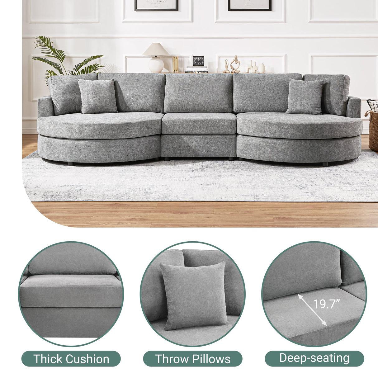 Christopher Knight Home Aekea 129" Upholstered Sofa Couch, Modern Curved 3-Seater Sofa with 2 Throw Pillows, Cozy Chenille Fabric Sectional Sofa Lounge Couch for Living Room Home Office, Dark Gray Christopher Knight Home