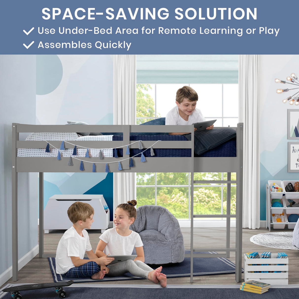 Delta Children Twin Loft Bed with Guardrail and Ladder (Coordinates with Batman, Spider-Man & Harry Potter Tents Sold Separately), Grey Delta Children
