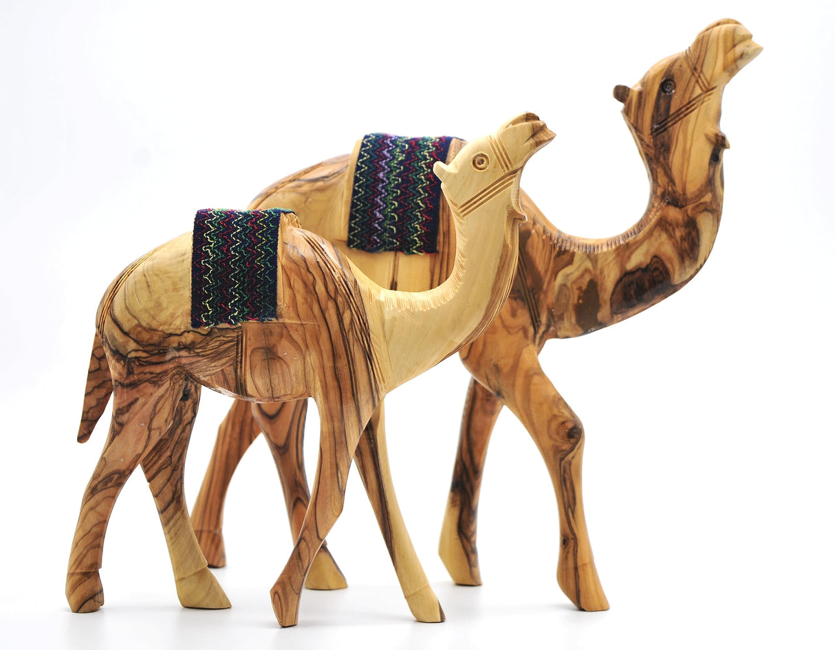 Wooden Camel Figurine, Handmade Olive Wood Nativity Camel with Embroidery Saddle Carved in the Holy Land by Christian Artisans, Nativity Animals, iHoly Land Crafts