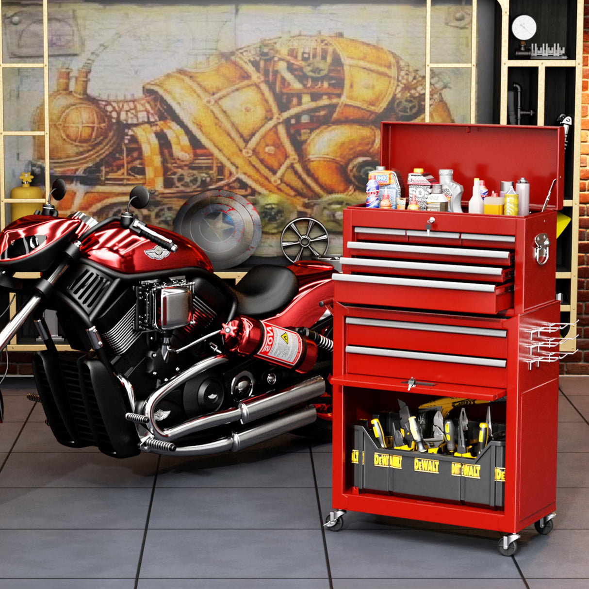 INTERGREAT Tool Chest Cabinet,8-Drawer Rolling Tool Chest with Detachable Top Tool Box, Tool Chest with Universal Lockable Wheels, Metal Tool Cart for Garage, Workshop, Barbershop(Red) INTERGREAT