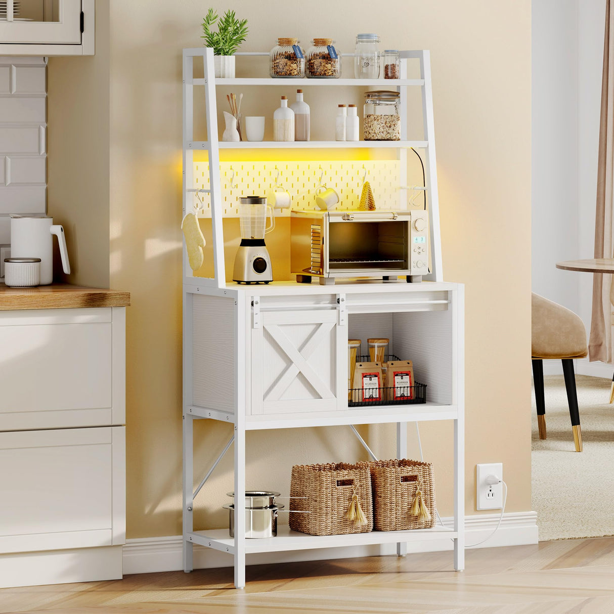 DWVO White Bakers Rack with Power Outlet, LED Light, and Sliding Storage Door - Farmhouse Kitchen Coffee Bar with 4-Tier Shelves and Hooks DWVO