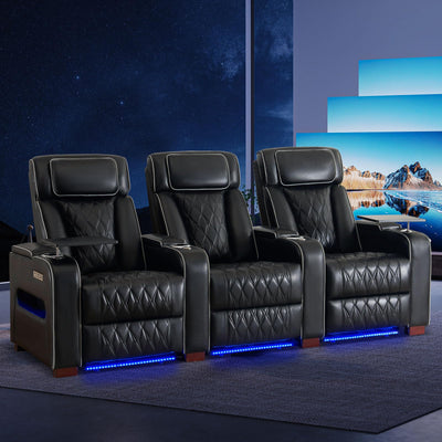 CALIVIA Luxury Home Theater Seating – Power Recliner with Adjustable Headrests, Blue LED Ambient Lighting, Tray Table, USB & Type-C Charging (Black, 3 Seat)