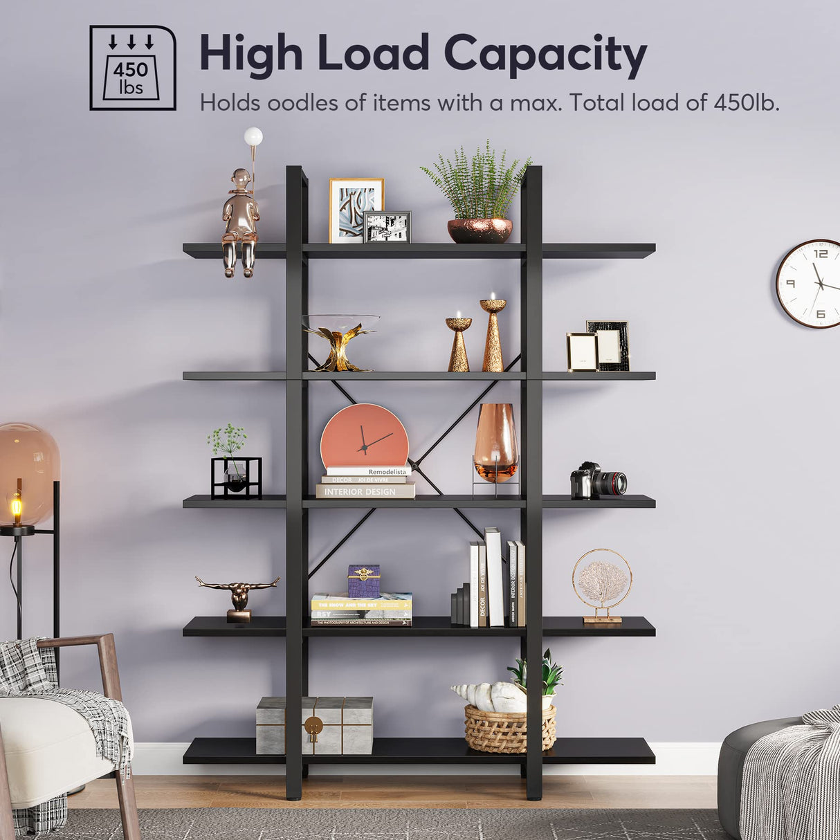 Tribesigns 5-Tier Bookshelf, Vintage Industrial Style Bookcase 72 H x 12 W x 47L Inches, Black Tribesigns