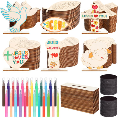 Hiboom 48 Pack DIY Jesus Wood Religious Craft Kit with Base Vacation Bible School Crafts with Magnets Watercolor Pens Coloring Wooden Religious Crafts for Sunday School Art Party Decoration Gift