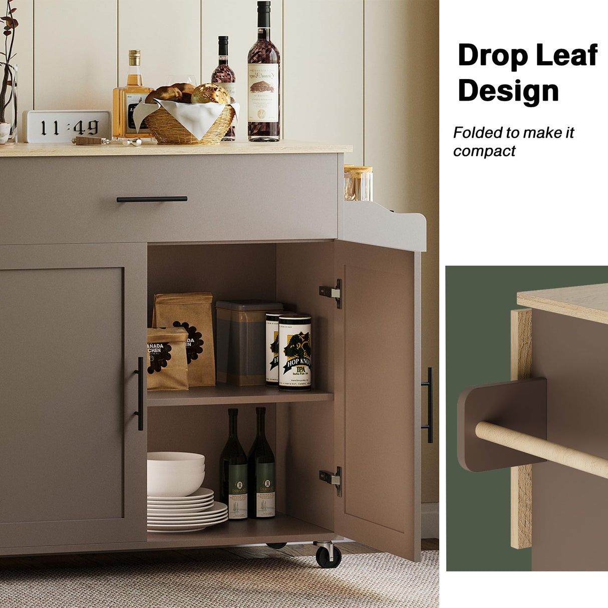 IRONCK Rolling Kitchen Island Table on Wheels with Solid Wood Top, Drop Leaf, Drawer and Storage Cabinet, 47" W Kitchen Cart with Spice & Towel Rack, Dark Gray IRONCK