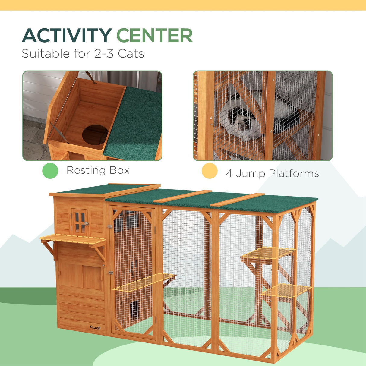 PawHut Outdoor Cat House for 3 Kitties, Multi-Level Design with Big Hiding Areas, Large Catio Cat Enclosure with 2 Stories & Multiple Platforms, Cat Condo for Large Cats, Orange PawHut