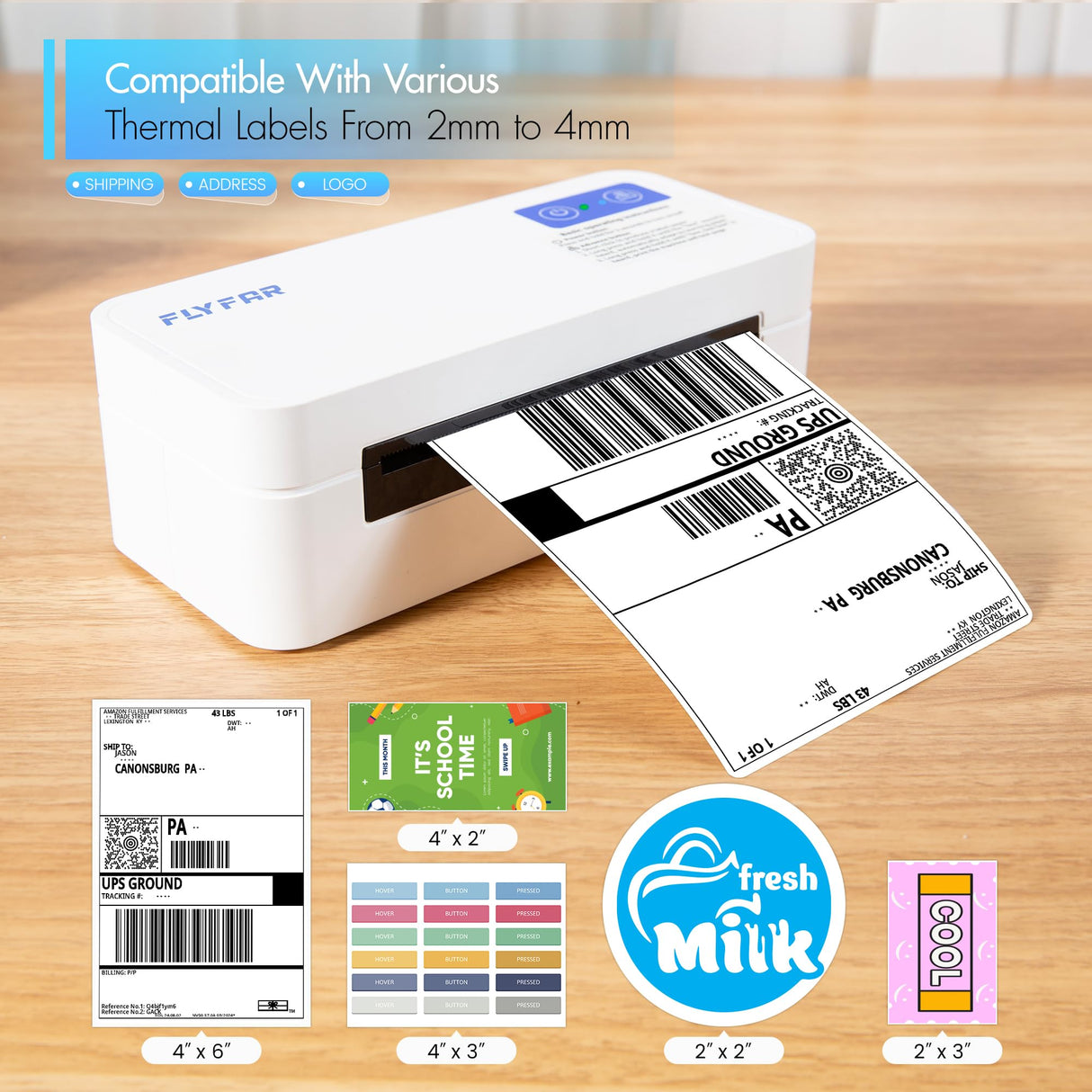 FLYFAR Bluetooth Thermal Shipping 4x6 Label Printer,Wireless Label Printer for Small Business,Support Windows,iOS,iPhone, Android,Used for Amazon,Shopify,Ebay,Ups,FedEx(White) FLYFAR