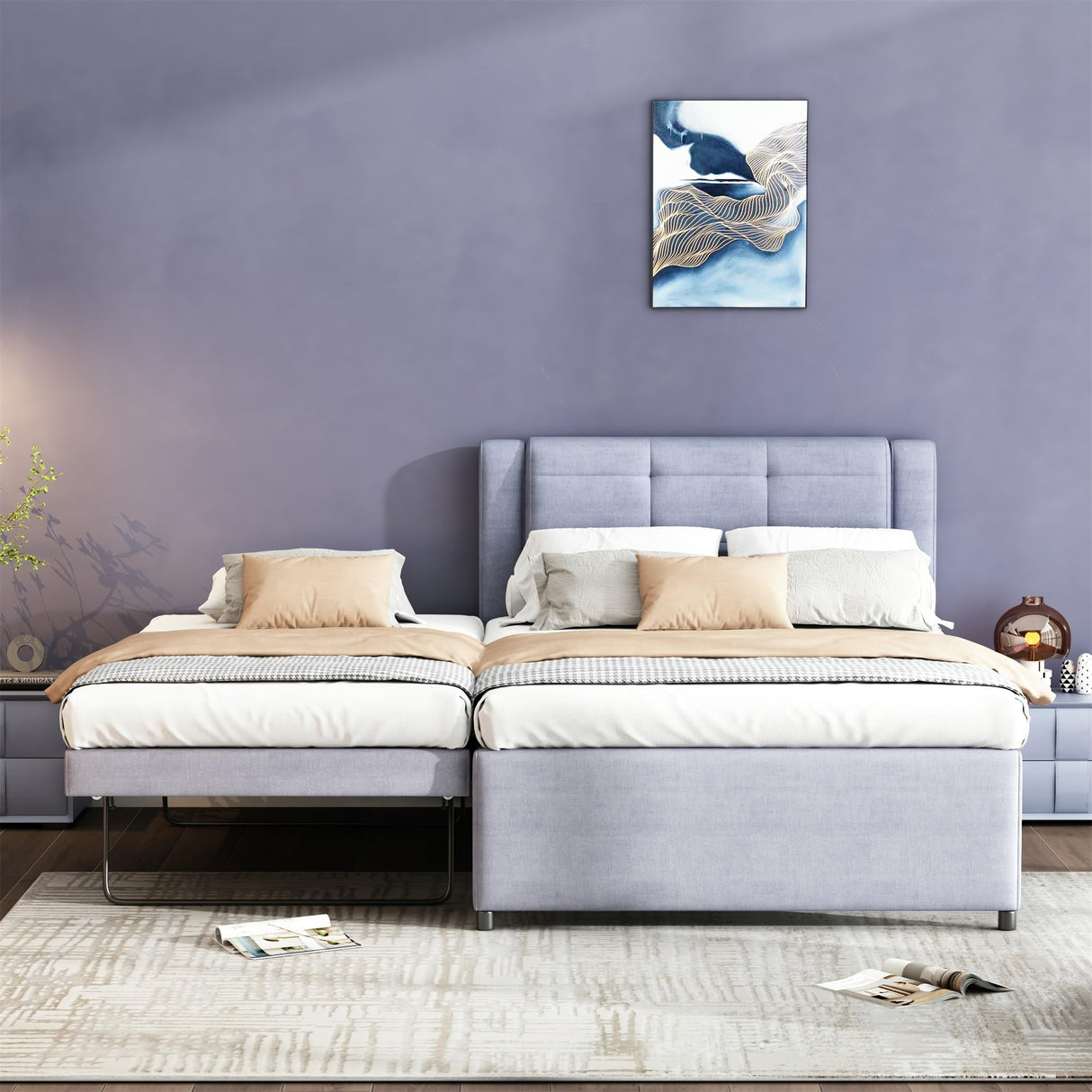 Merax Full Size Upholstery Platform Bed with Trundle,Trundle can be Flat or Erected, Modern Bed Frame with Linen Headboard for Kids, Adults, No Box Spring Needed, Gray Merax