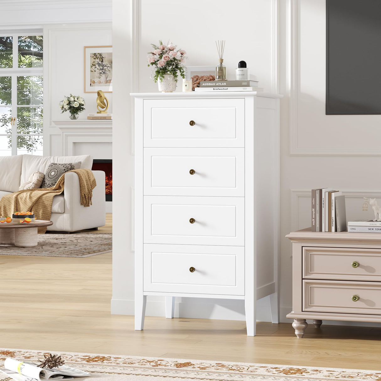TTVIEW 4 Drawer Dresser, White Dresser Antique Chest of Drawers with Solid Frame, Tall Wood Storage Chest Cabinet for Living Room, Bathroom, Entryway, White TTVIEW
