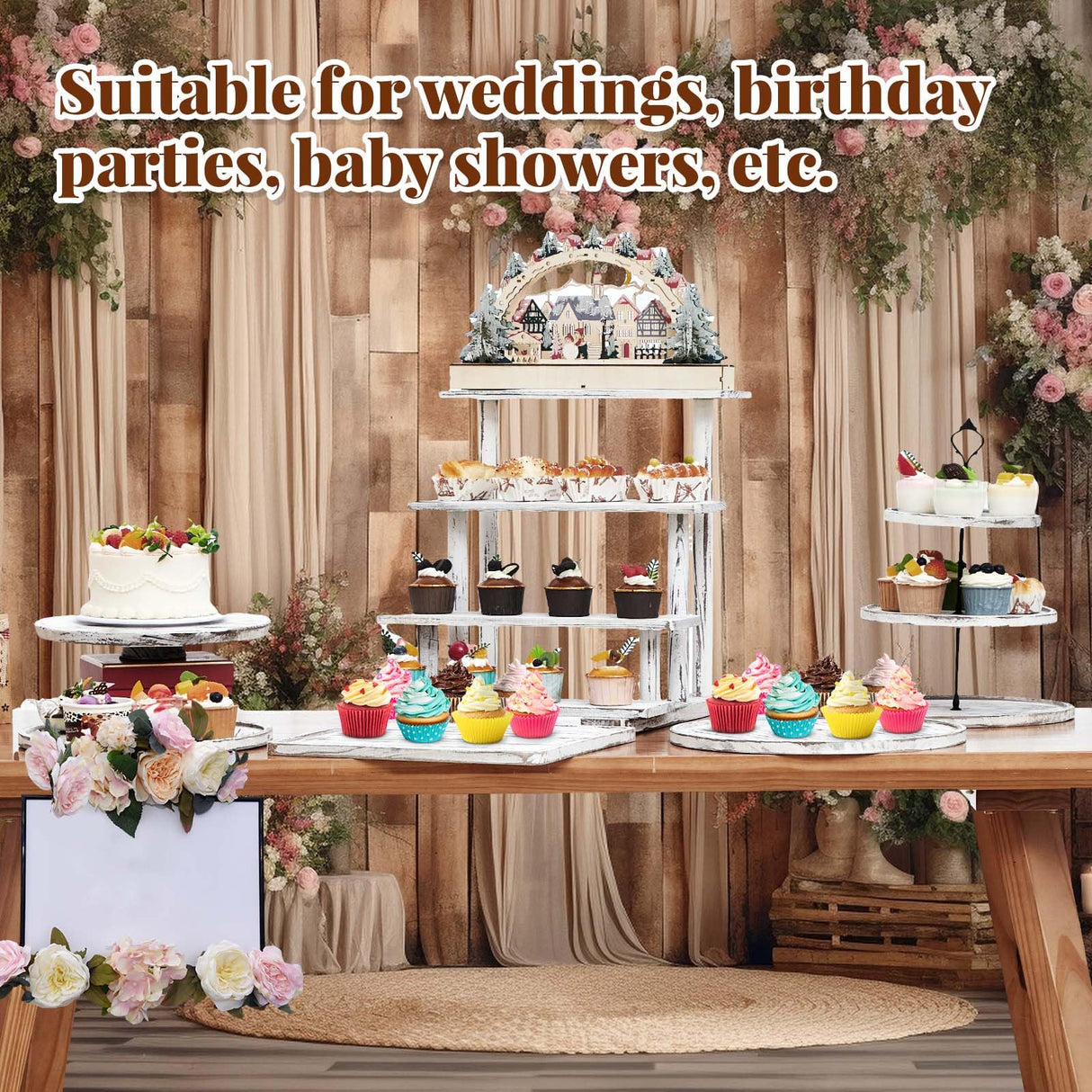 Roowest Wood Cake Stands Set of 6 Wood Dessert Tower Dessert Trays Desert Stands Cupcake Stand Rustic Wood 3 Tier Cupcake Serving Stands with Dessert Trays Farmhouse Wood for Tea Party (Vintage Brown) Roowest