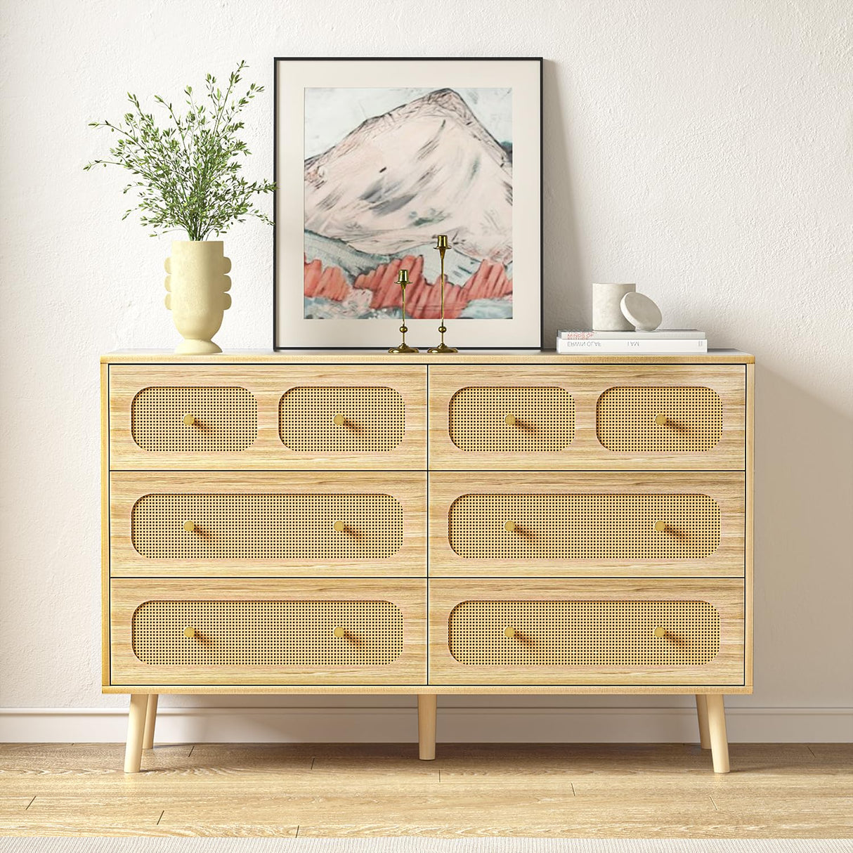 HOUROM Rattan Dresser for Bedroom, Modern 6-Drawer Double Dresser with Gold Handles, Wood Storage Chest of Drawers for Bedroom HOUROM