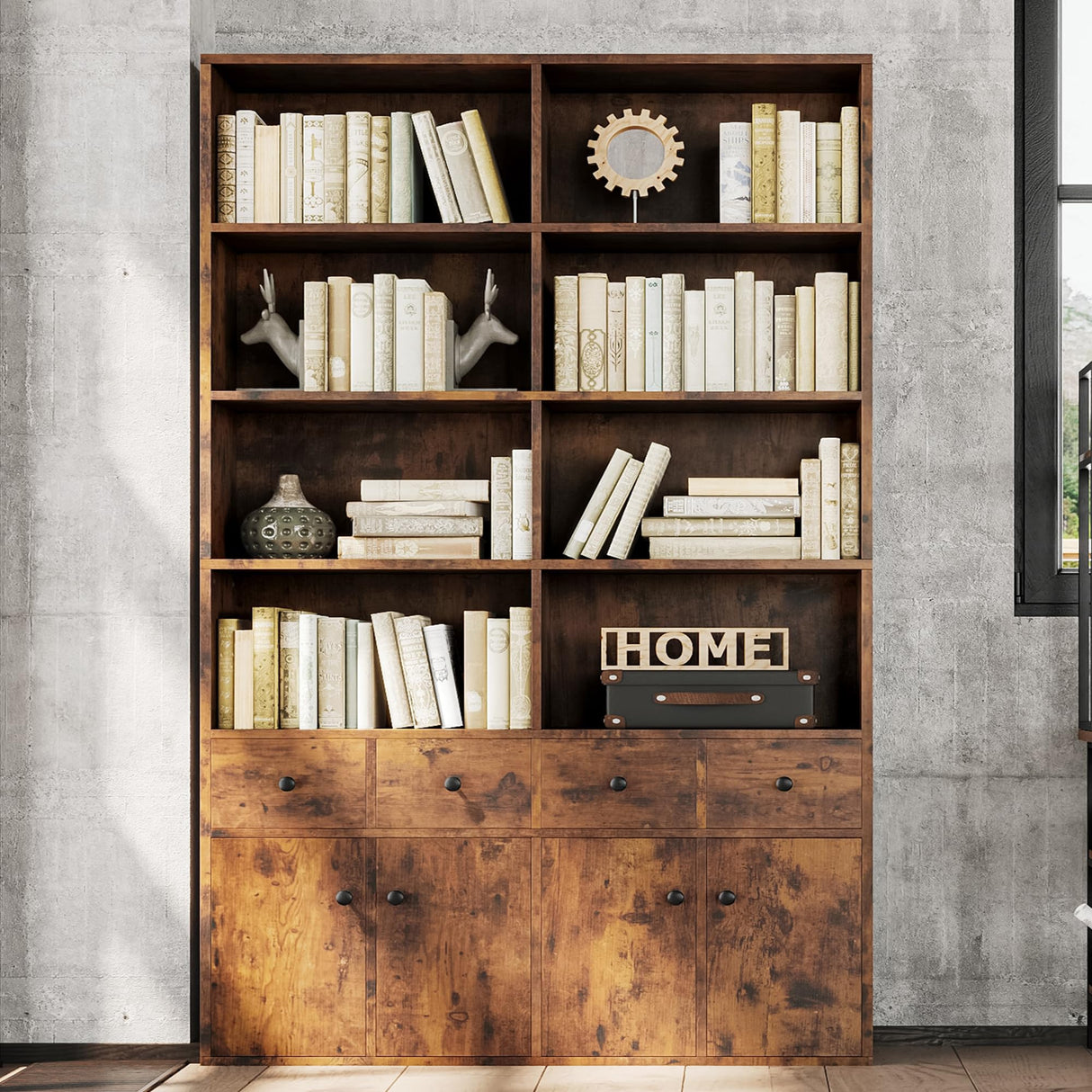 IRONCK 78.7" Bookcase with 4 Drawers and 4 Doors, 6 Tier Large Bookshelf with Storage, Floor Standing Display Storage Shelves, Tall Storage Cabinet for Living Room (Rustic Brown) IRONCK