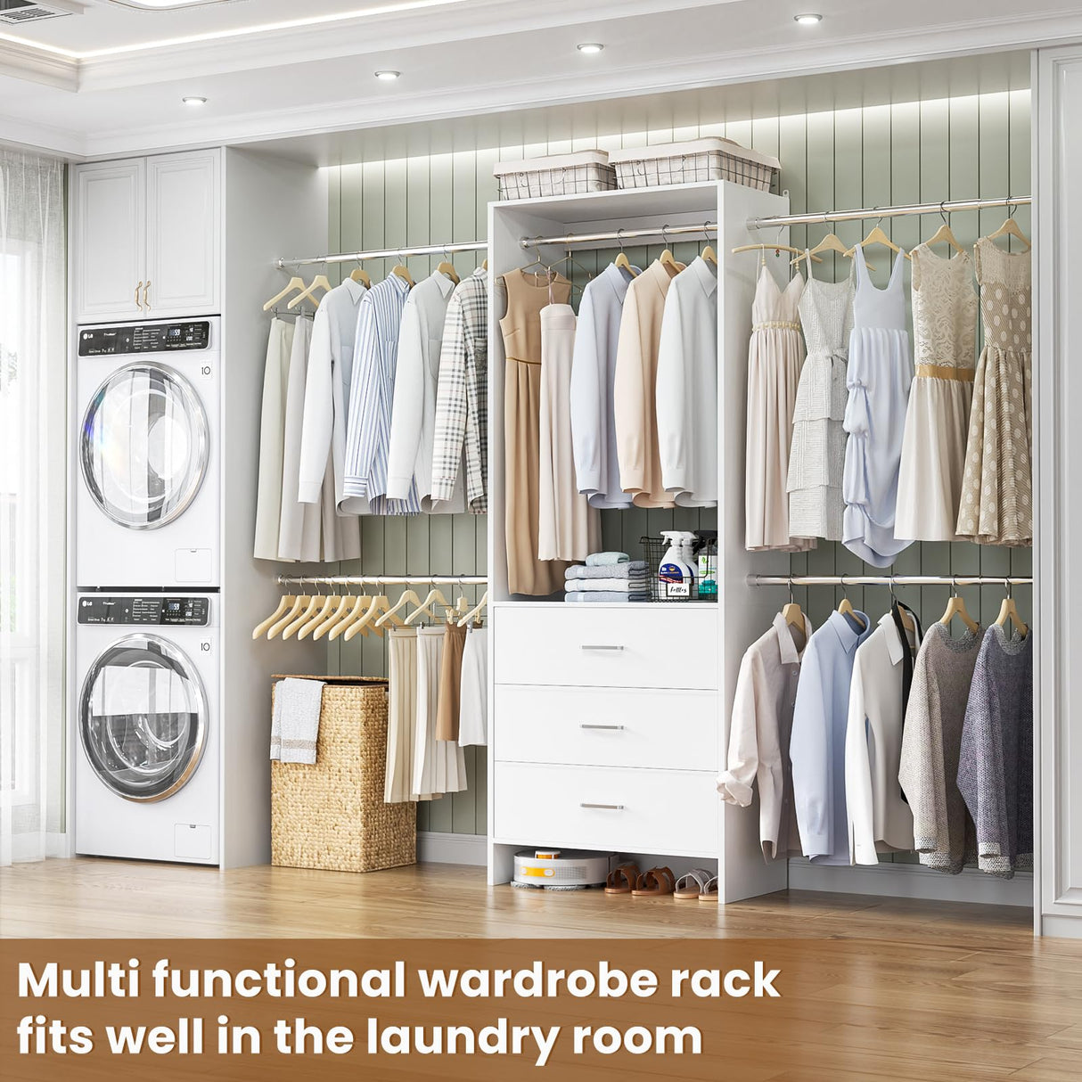 Aheaplus Closet System, Closet Organizer with 3 Wooden Drawers, Closet Organizer System, Walk-in Closet Wardrobe Clothes Rack with 4 Hanging Rods, Garment Rack, -4R, White Aheaplus