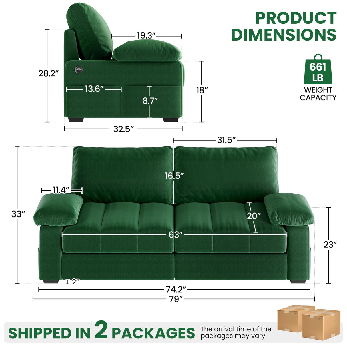 Yaheetech 79" Sofa Couch Modern Velvet Couch with Removable Covers & USB Ports Oversized Loveseat Sofas with Storage Pockets for Living Room Bedroom Apartment Green Yaheetech
