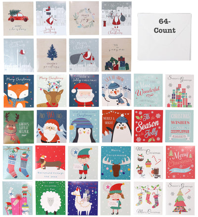 Iconikal Mini Christmas Cards, 64 Count with Envelopes, Season's Greetings, Holiday Party Decorations, Christmas Cards for Friends and Family, Cute Winter Design 3 x 3 Inch