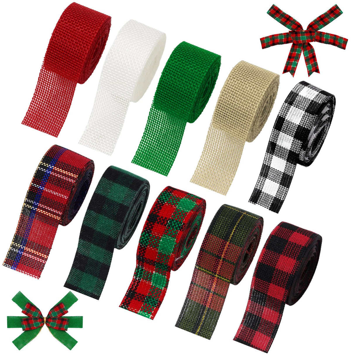 Whaline 10 Rolls 50 Yards Christmas Burlap Ribbon Rolls 1 Inch Wired Plaid Wrapping Ribbons Xmas Decorative Ribbon for Wreath Bow Gift Decor Whaline