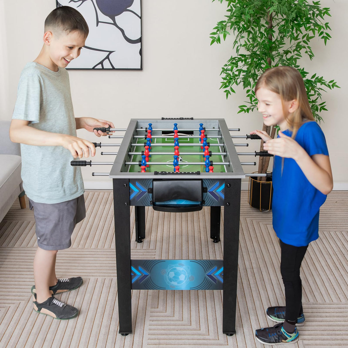 Goplus Foosball Table, Freestanding Soccer Table Game with 2 Footballs, Ergonomic Handle, 18 Realistic Players, Adults Youth Kids Foosball Games for Indoor, Game Room, Office, Party Goplus