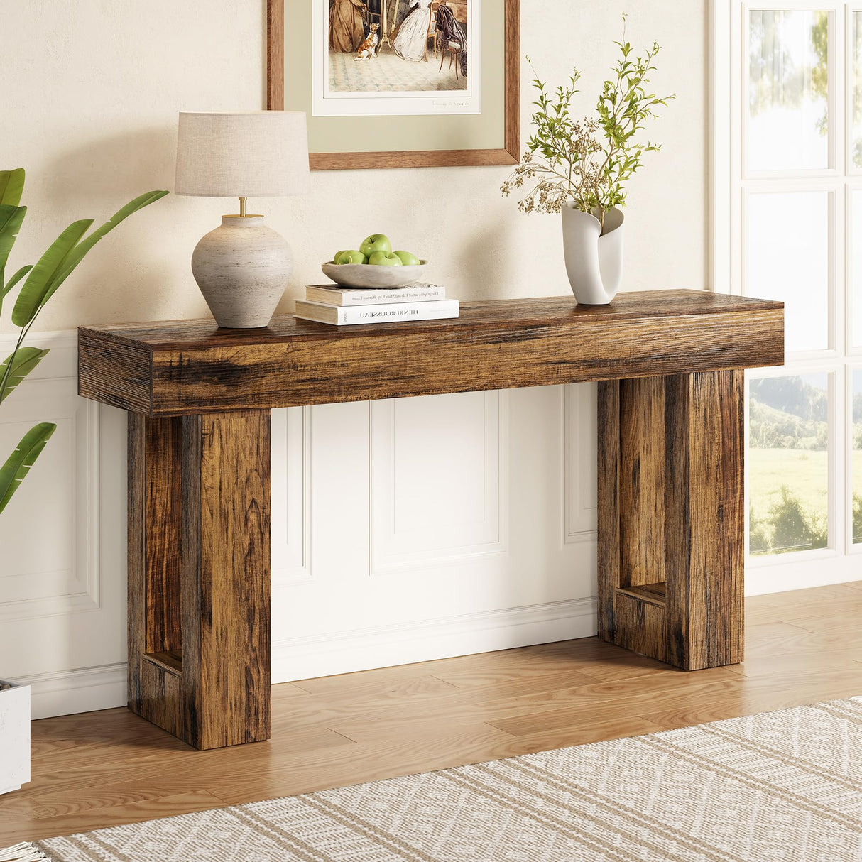 LITTLE TREE 63-Inch Long Console Tables for Entryway, Large Sofa Table Behind Couch, Wooden Entry Foyer Hallway Table, Industrial Console Sofa Tables for Living Room, Rustic Brown LITTLE TREE