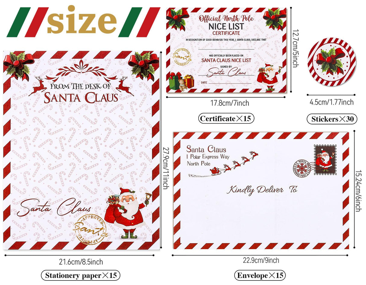 AnyDesign 15 Sets Christmas Official Letters Certificate from Santa Claus Include 15Pcs Red White Stripes Writing Letter 15Pcs Nice List Certificate 15 Envelopes and 30 Stickers for Family Party Favor AnyDesign