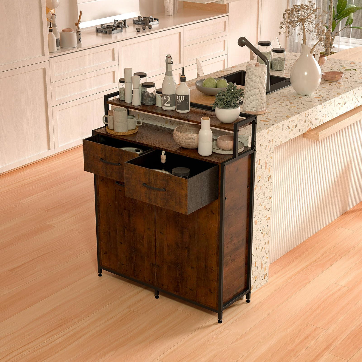 HSSZXFR Dual Tilt Out Trash Cabinet, Hidden Trash Bin Cabinet with 2 Drawers and Shelf, Large Kitchen Trash Bin Cabinet MDF board, Laundry Hamper Cabinet Free Standing Holder 10 Gallon HSSZXFR