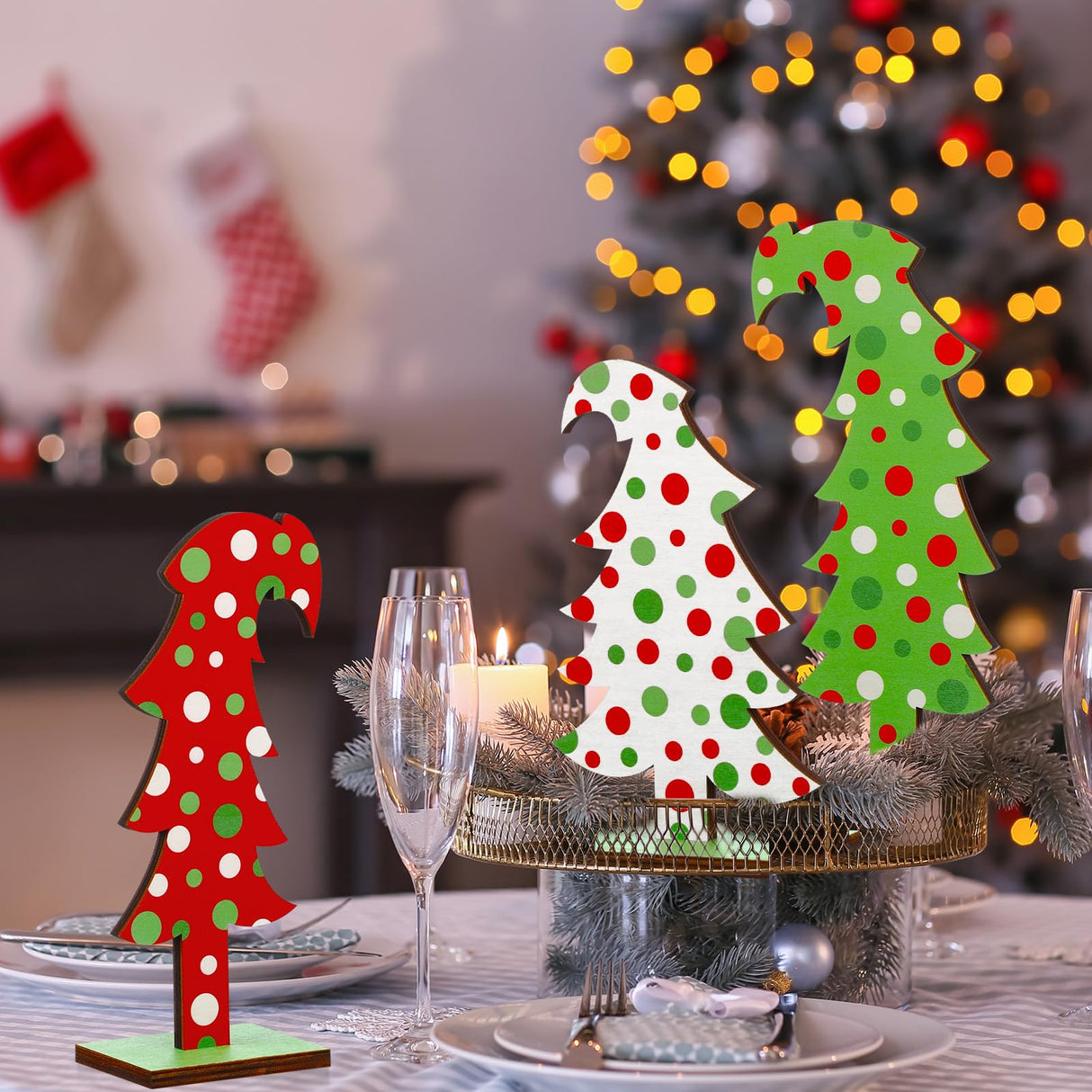 Meooeck 3 Pcs Green Tabletop Christmas Tree Christmas Tabletop Decor Bendable Wood Christmas Tree Decor Standing Wooden Trees with Rectangular Base for Home Office Meooeck