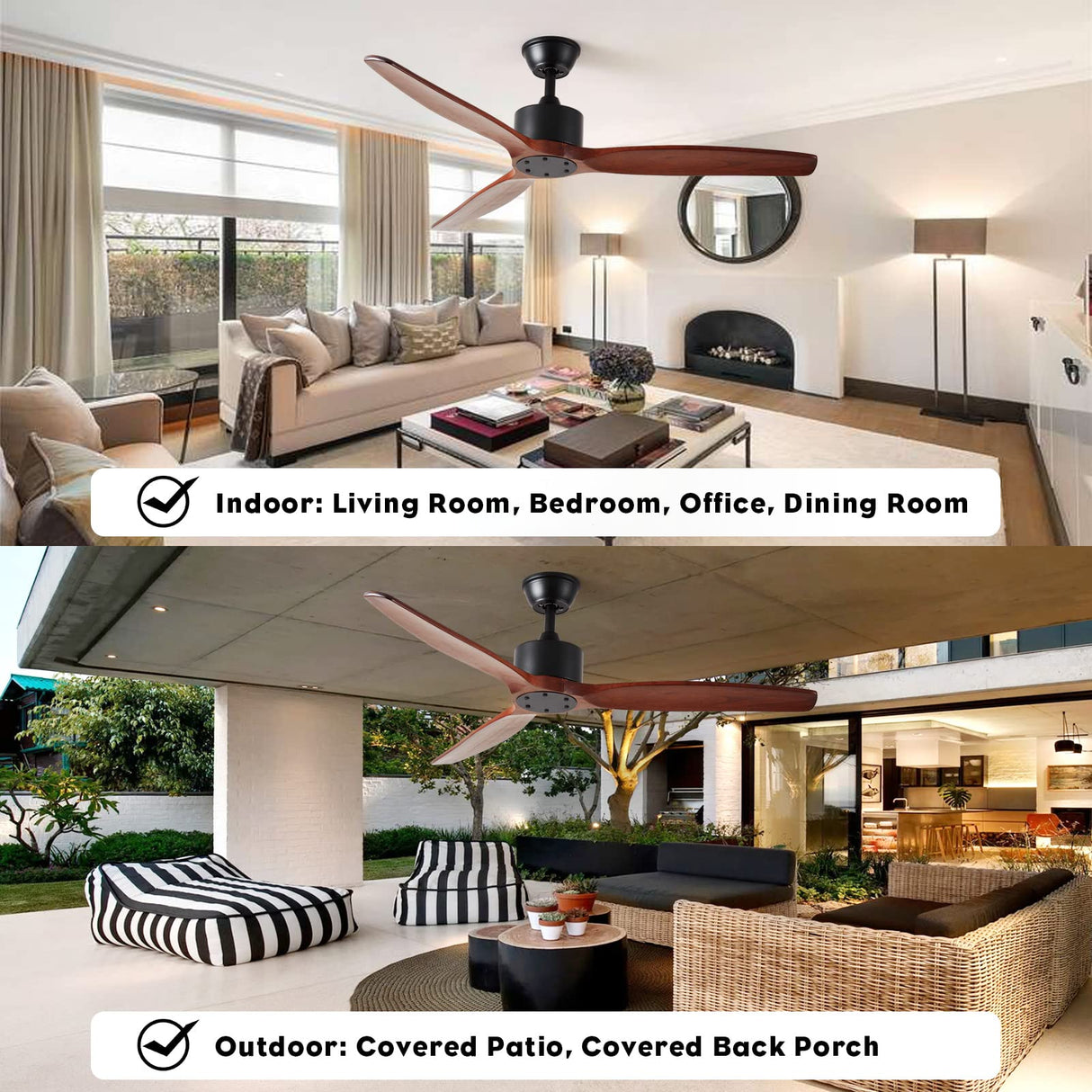 Yifi Deco 52'' Wood Ceiling Fan No Light, Indoor Outdoor Ceiling Fan with Remote, Noiseless Reversible DC Motor 3 Blade Walnut Ceiling Fan Without Light for Farmhouse Patio Living Room Bedroom Yifi Deco