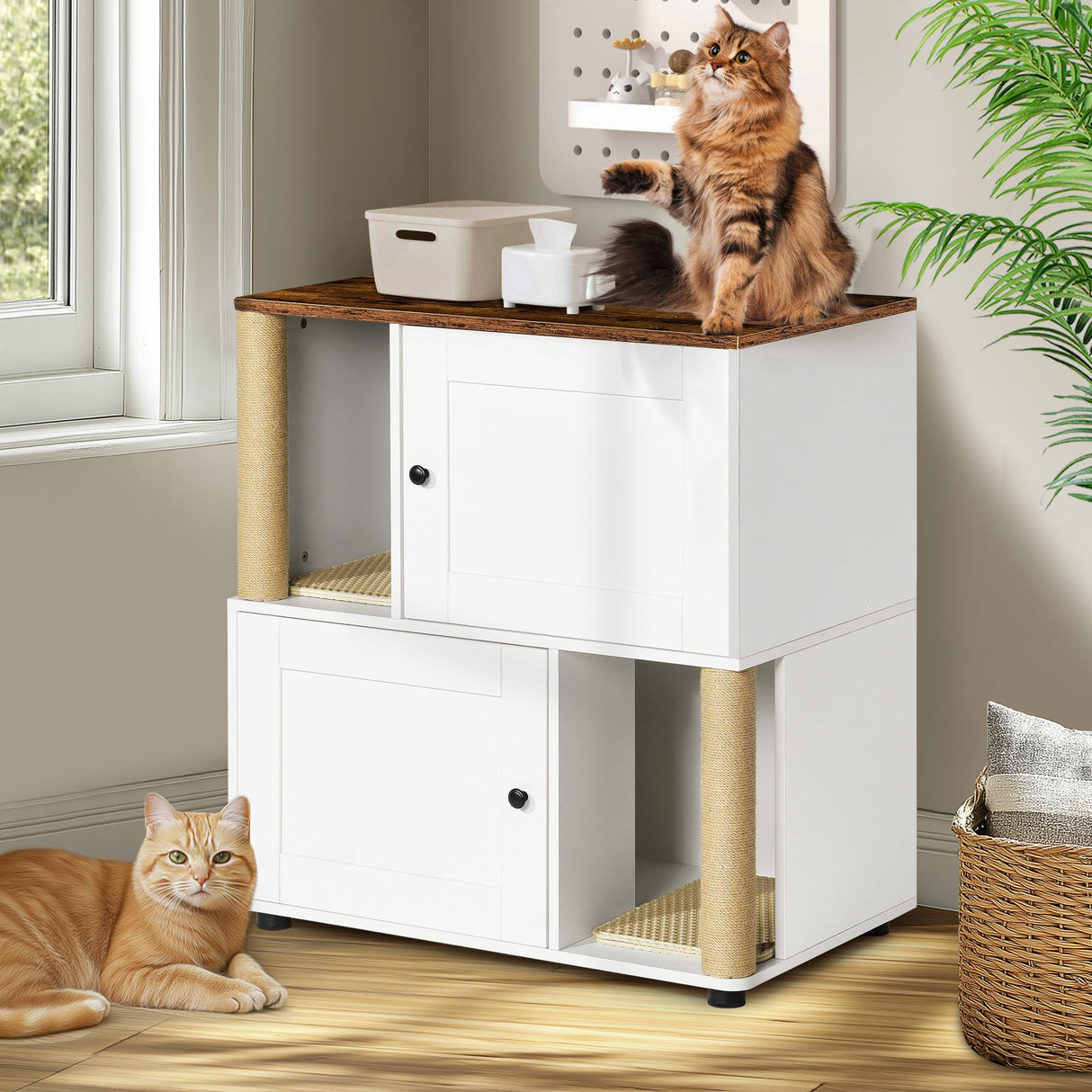 Litter Box Enclosure for 2 Cats, Hidden Litter Box Furniture with Double Room, Dog-Proof Litter Box Enclosure, Cat Washroom Furniture with Shelf and Cat Scratching Post, Suitable for Most Litter Boxes Fmlud