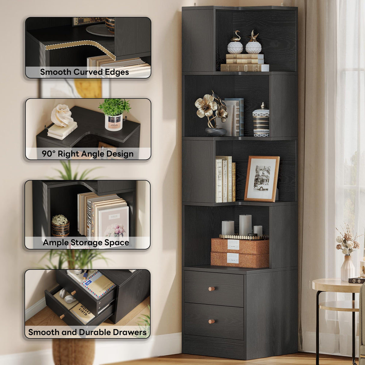 IRONCK Corner Bookshelf, 70.87" Tall Corner Bookcase with Drawers, Corner Shelf Storage Display Rack for Living Room Home Office, Black IRONCK