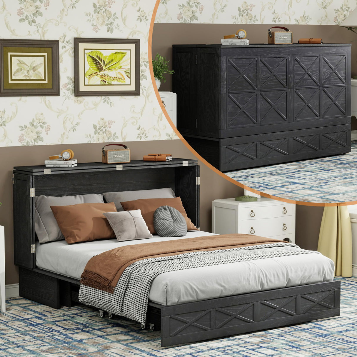 Solid Wood Murphy Bed Queen: Space Saving Retro Brown Black Murphy Bed Cabinet (Not Included Mattress) with USB Port, Solid Wood Wall Murphy Chest Queen with Large Drawer for Guest Room/Bedroom ClassyCabin