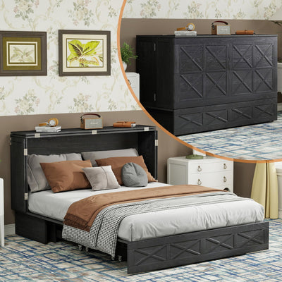 Solid Wood Murphy Bed Queen: Space Saving Retro Brown Black Murphy Bed Cabinet (Not Included Mattress) with USB Port, Solid Wood Wall Murphy Chest Queen with Large Drawer for Guest Room/Bedroom