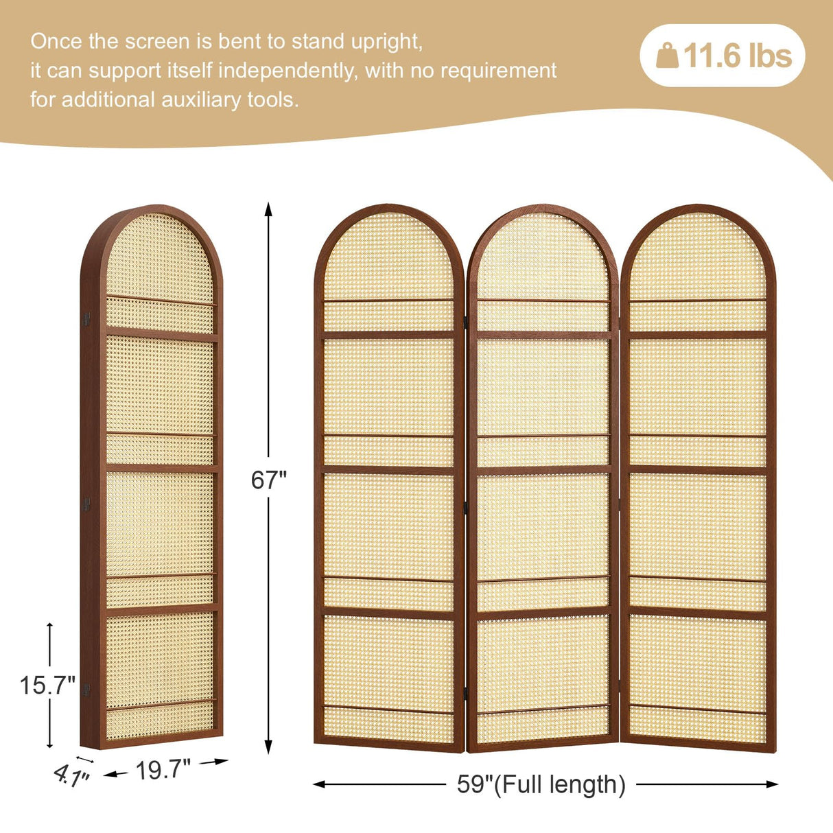 Rattan Room Divider with Bookshelf,Foldable Privacy Screen Partition,Wooden Frame,Natural Portable for Living Room,Bedroom Home,Office Reading Nook (Walnut, 3 Panels) Svimi