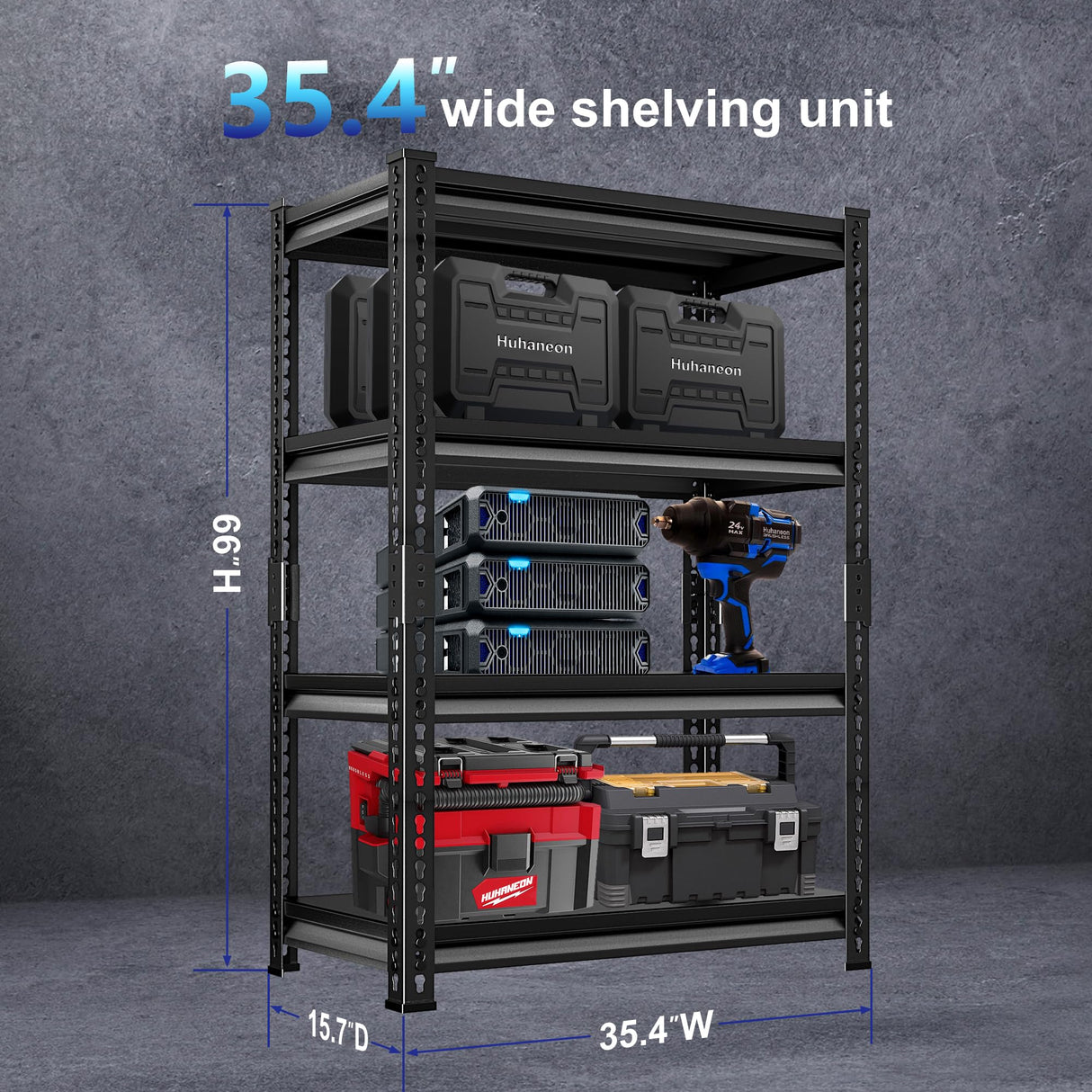 Huhaneon Heavy Duty Garage Shelves - 36''W 1,400Lbs Metal Adjustable Storage Shelving Rack Units for Warehouse Basement 4 Tier Black 35.4" W x 15.7" D x 66" H Huhaneon