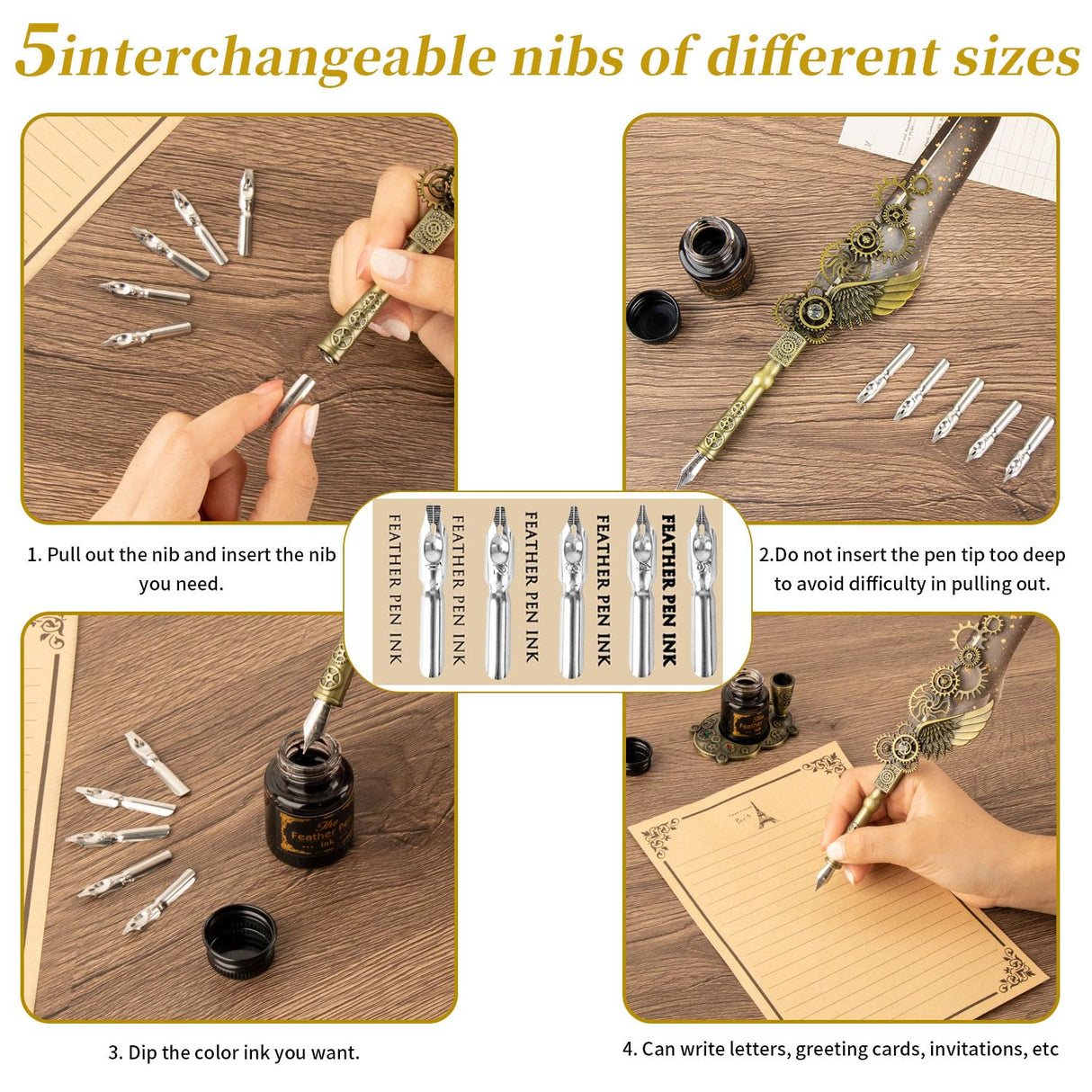 LongLongJin Quill Pen Ink Set with Seal Stamp - Feather Calligraphy Pen and Ink Set, Wax Seal Stamp Kit, Calligraphy Copybook,Beginner Calligraphy Quill Pen Lovers of All Ages Selection Gift (Grey) LongLongJin