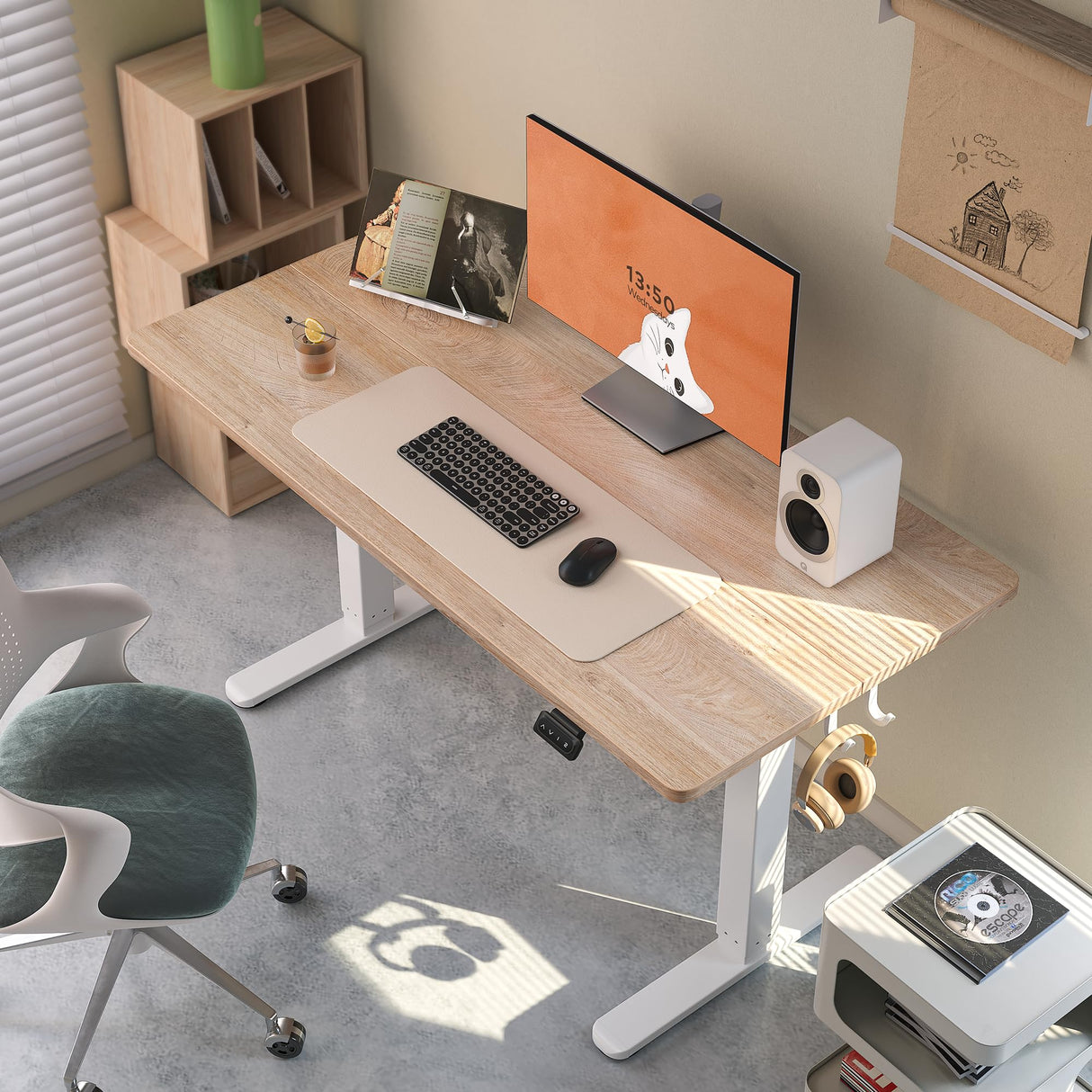 BANTI 55'' Standing Desk, Electric Stand up Height Adjustable Home Office Table, Sit Stand Desk with Splice Board, Oak BANTI