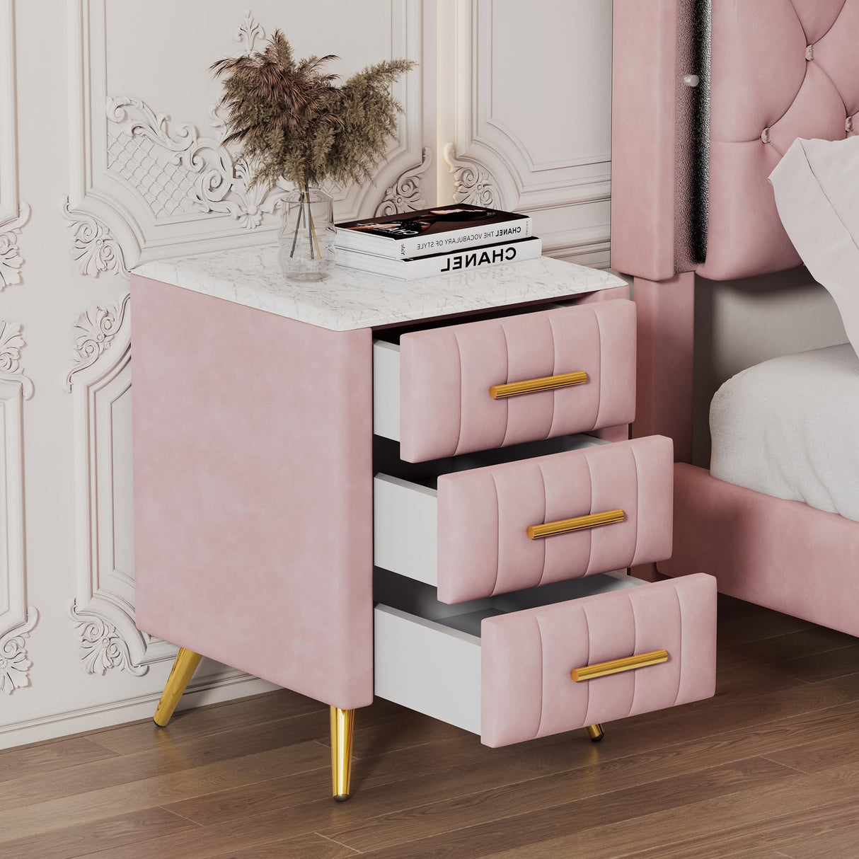 SOFTSEA Upholstered Nightstand with Faux Marbling Top, Modern Velvet Bedside Table with 3 Drawers, Velvet End Table with Golden Legs for Bedroom, Living Room (Pink) SOFTSEA