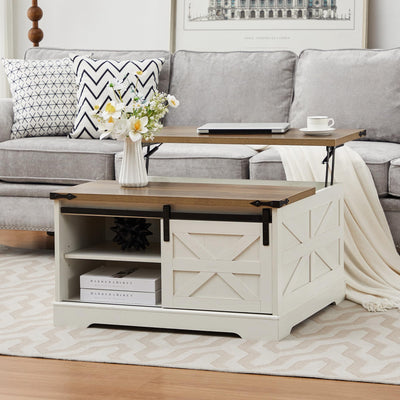 Tltaroni Farmhouse Lift Top Coffee Table, Wood Square Coffee Table with Sliding Barn Door and Adjustable Shelf Rustic Center Table with Hidden Storage Compartment for Living Room, Rustic White