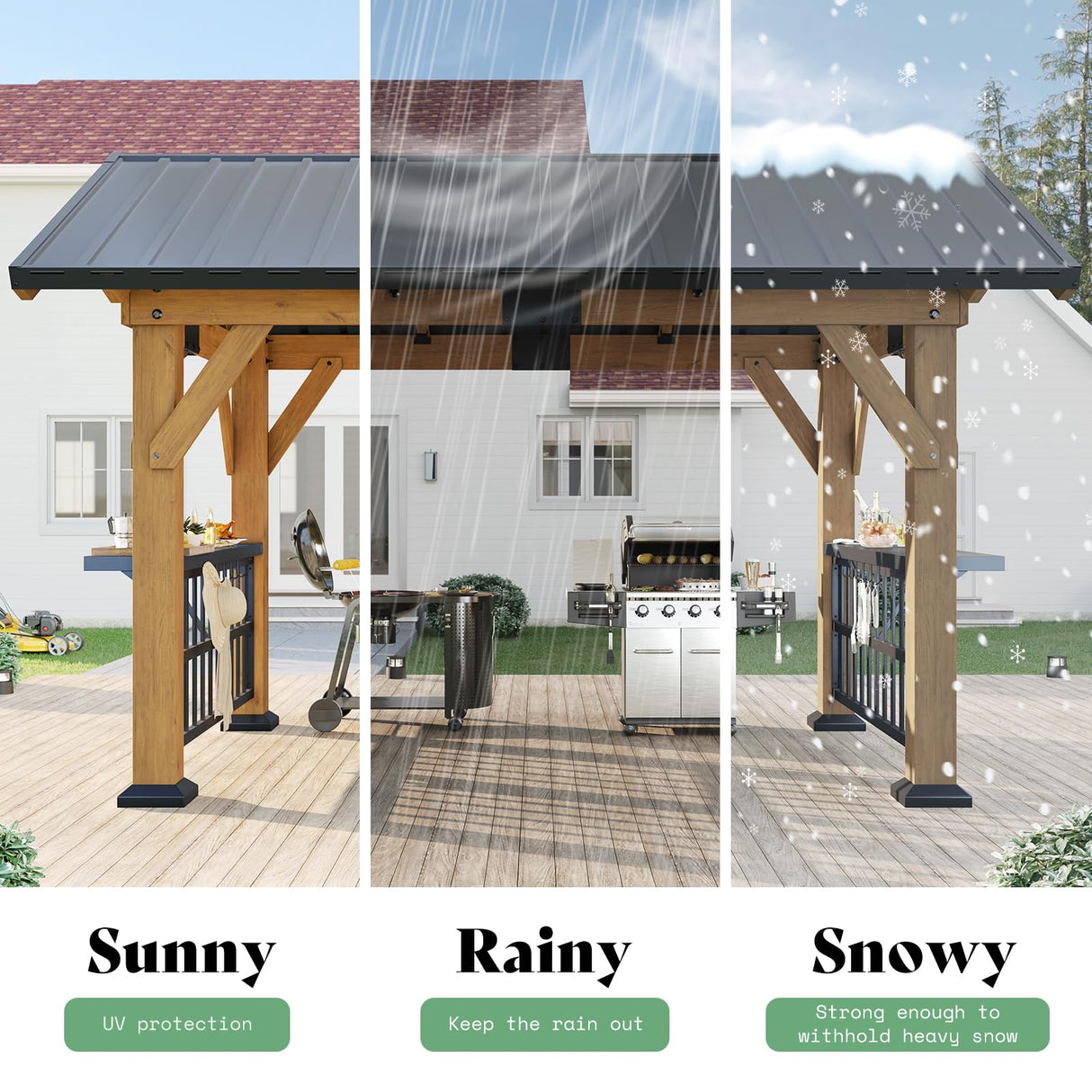 AMERLIFE Solid Wood Gazebo, Hardtop Gazebo with Metal Steel Gable Roof with Guest House for Garden, Porch, Patio, Black + Natural Wood (9 x10FT) AMERLIFE