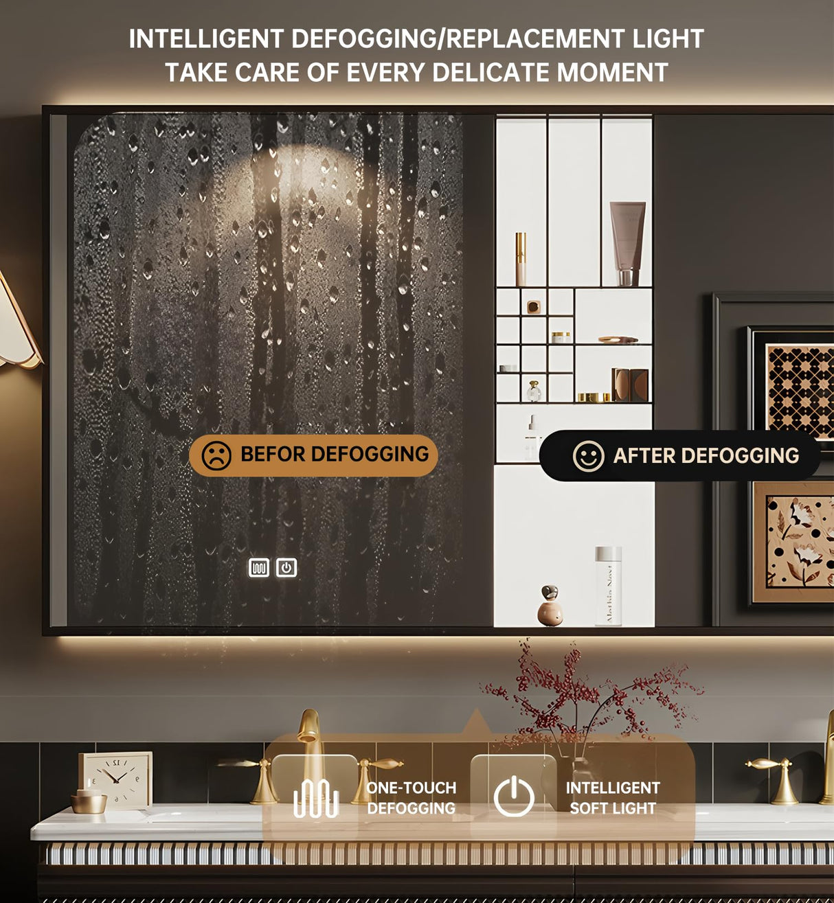 LUTHXAY Double Sinks Bathroom Vanity, 72 Inch Floating Bathroom Cabinet with One-Piece Top & Drawers, Wall Mount Bath Vanities with LED Smart Defog Mirror, Modern Luxurious Solid Wood Vanity(Brown) LUTHXAY