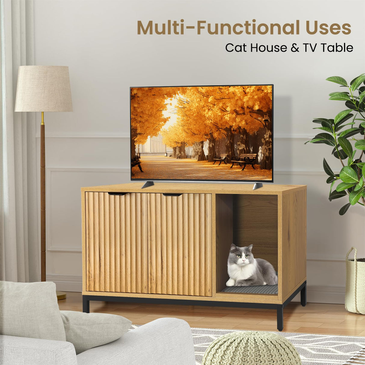 QuicMiou Cat Litter Box Enclosure, Hidden Litter Box Furniture with Metal Legs, Side End Table Indoor Washroom Cat House Storage Cabinet 31.5 x 19.7 x 20.6 Inches (Natural Oak) QuicMiou