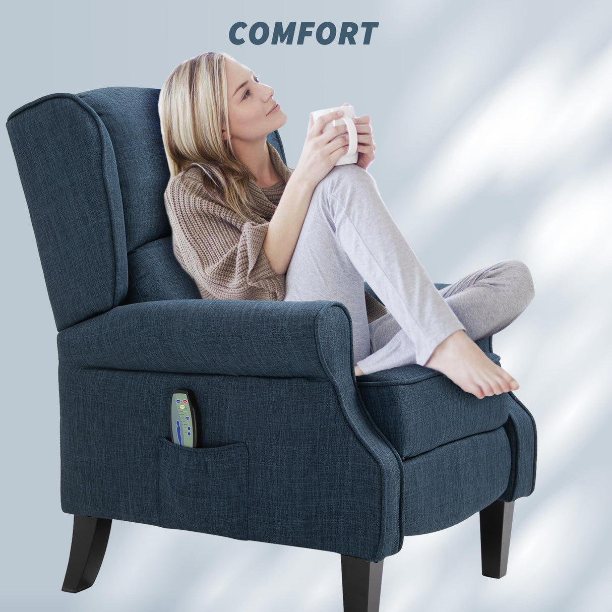 HOMCOM Vibration Massage Recliner Chair for Living Room with Heat, Wingback Single Sofa, Modern Linen Fabric Push Back Reclining Chair with Footrest, Side Pocket, Beige, Blue HOMCOM