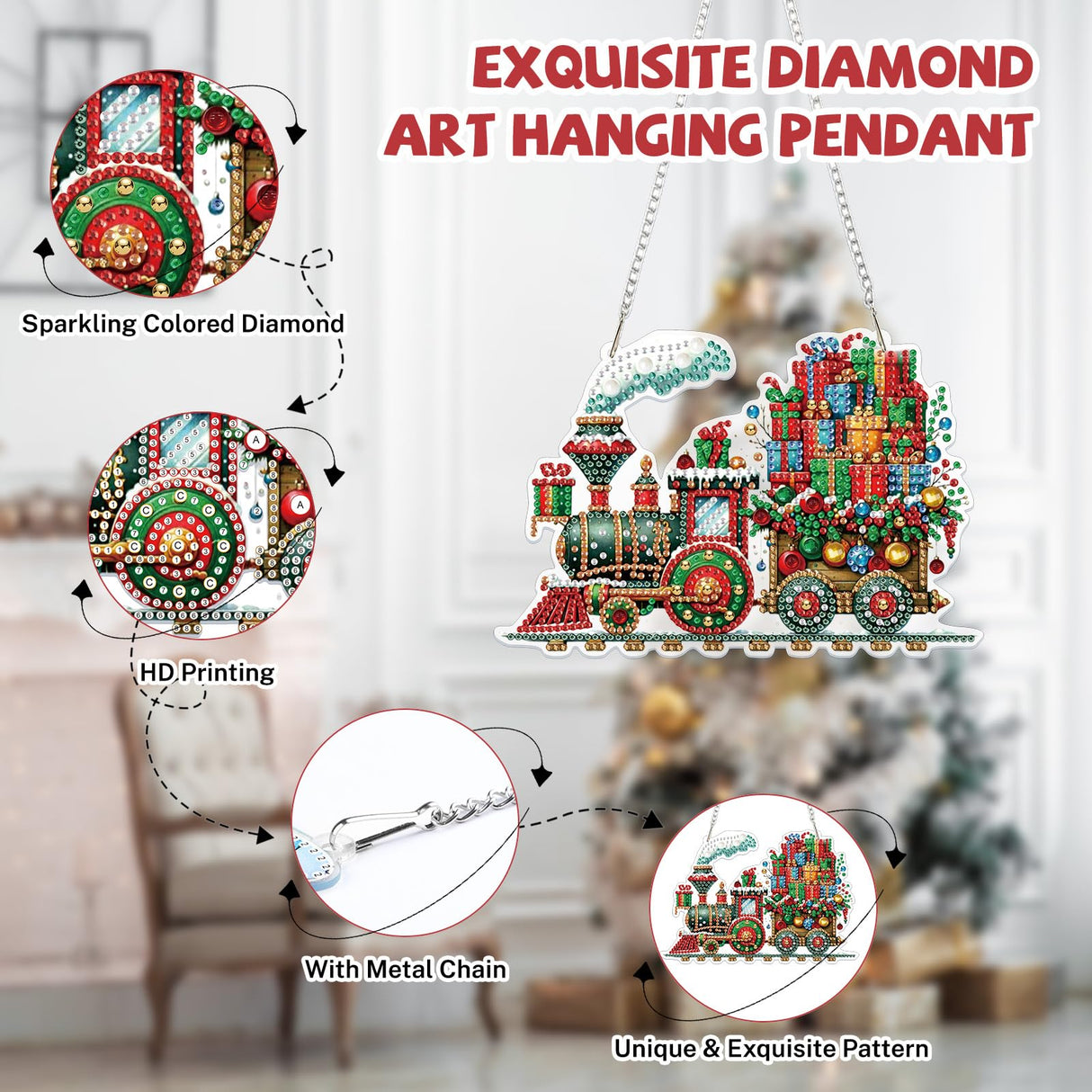 Bowetile Christmas Train Diamond Art Hanging Kits for Adults Kids, Diamond Art Suncatchers, 5D Special Shape Diamond Painting Pendant Window Ornament Christmas Gifts for Home Door Wall Decor Bowetile