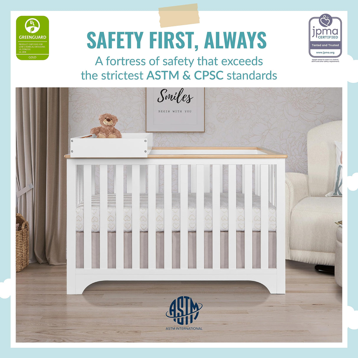 Dream On Me Orion 5-in-1 Convertible Crib with Removable Changing Tray in Vintage White Oak, JPMA & Greenguard Gold Certified, Made of Sustainable New Zealand Pinewood Dream On Me