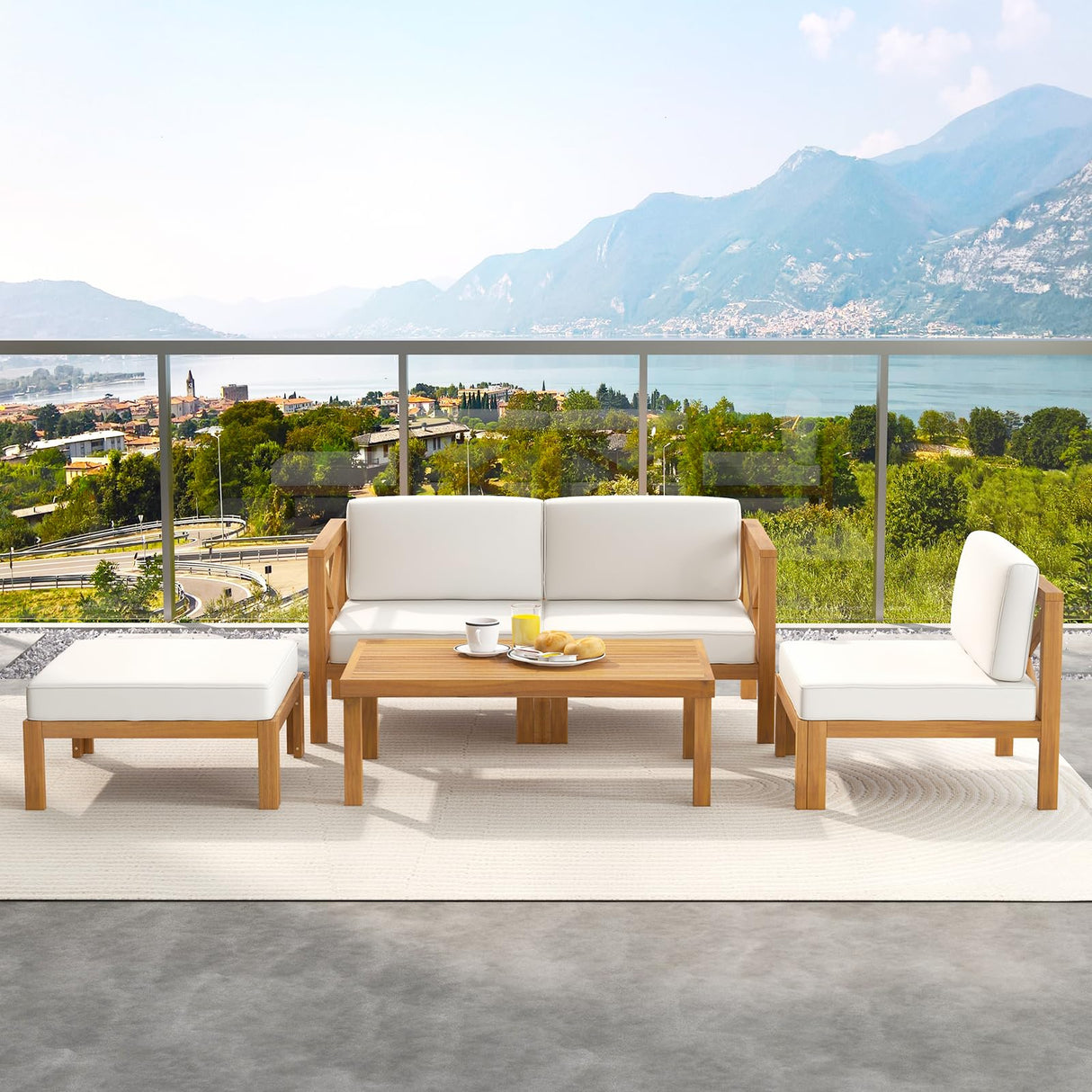 Tangkula 5 Piece Outdoor Conversation Furniture Set, Acacia Wood Sectional Sofa Set with 3 Chairs, 1 Ottoman & 1 Coffee Table, Patio Cushioned Sofa Set for Porch, Yard, Poolside (Off White) Tangkula