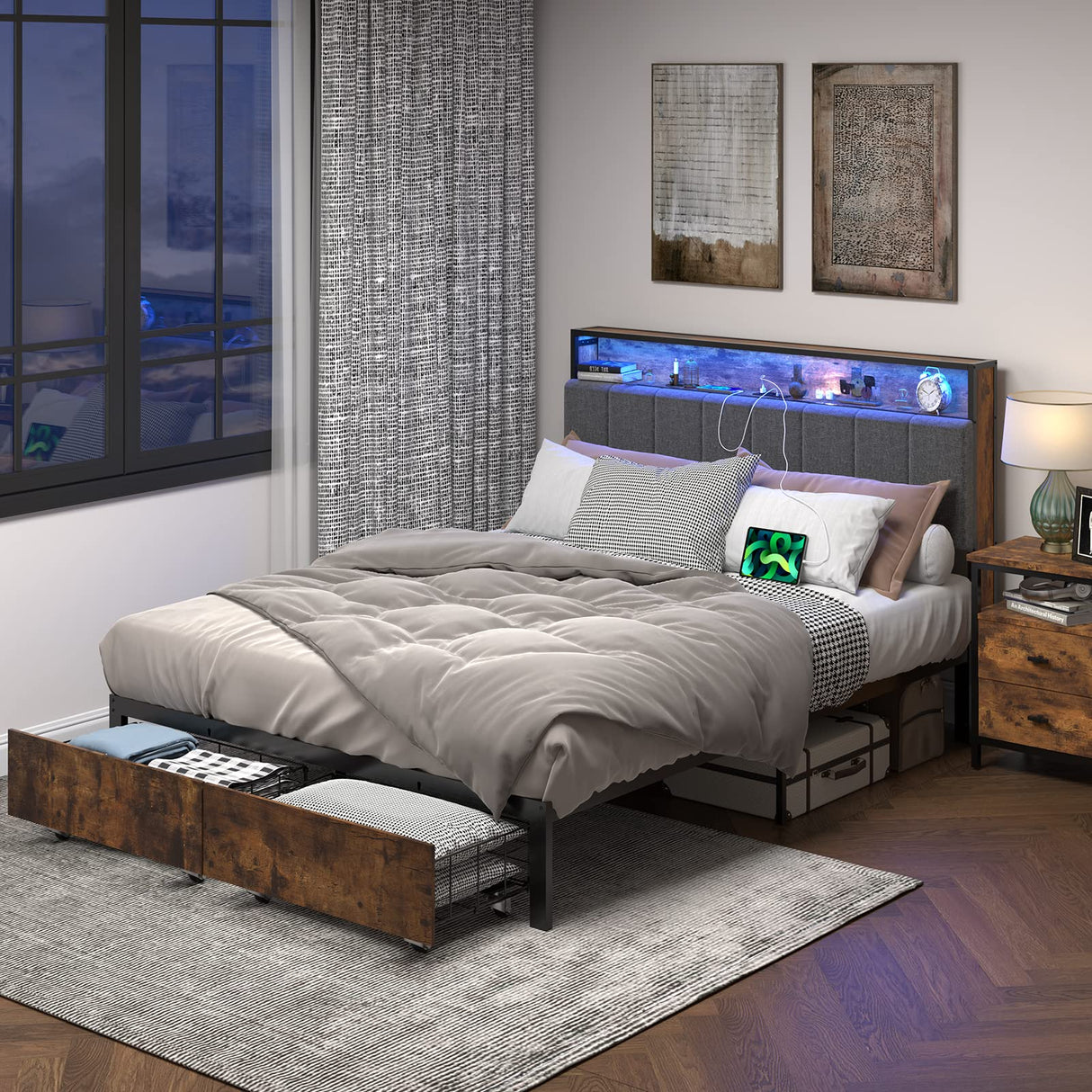 Meitewei Queen Bed Frame with Hidden Storage Headboard and 2 Drawers, LED Bed Frame with Charging Station, Metal Platform Bed Frame, No Box Spring Needed, Vintage Brown Meitewei