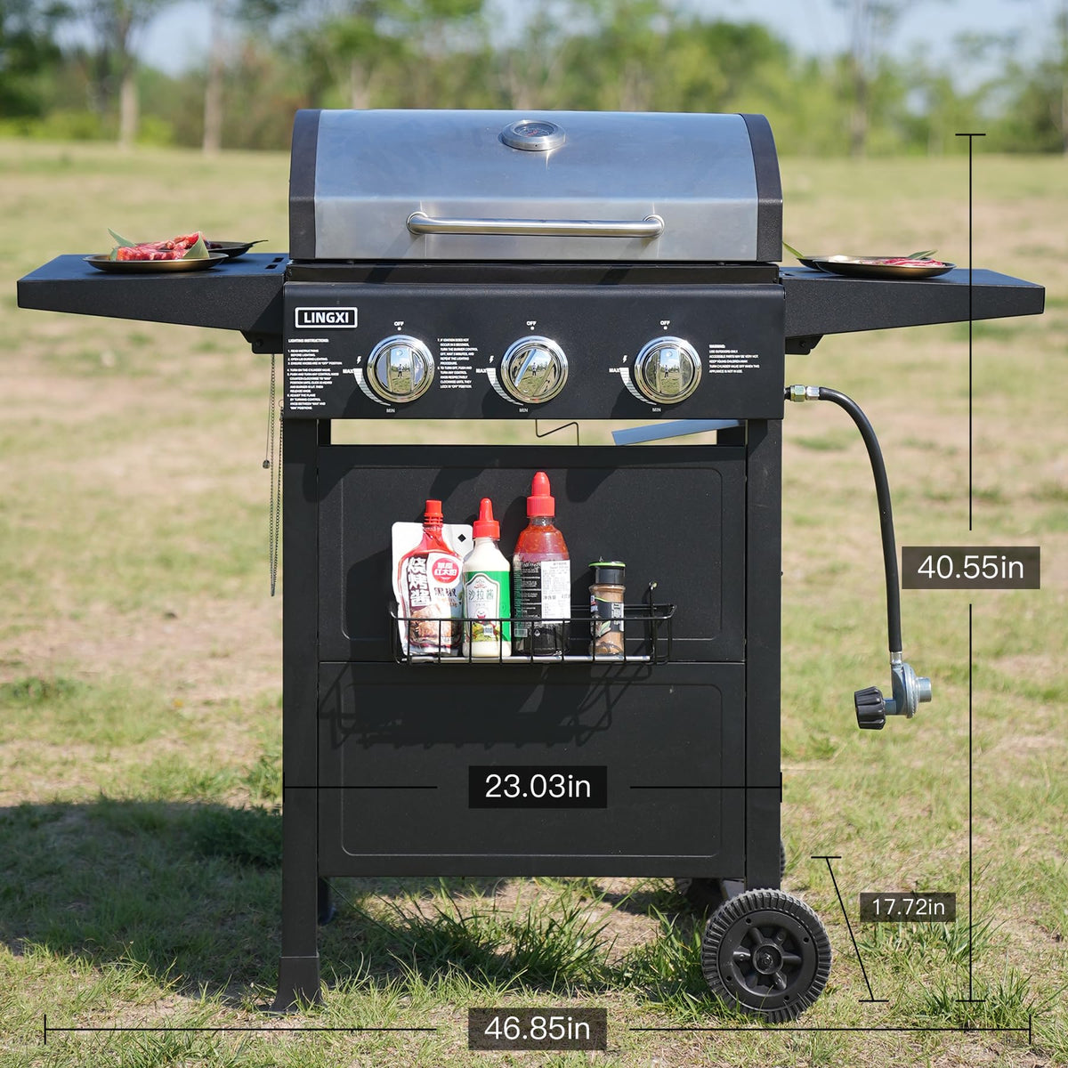 LINGXI grill gas 3-Burner Propane Grill, Gas Grill with front hanging basket, 30000 BTU barbecue grill,gas bbq suitable for Backyard, Outdoor, Patio, Garden.Outside grill. LINGXI