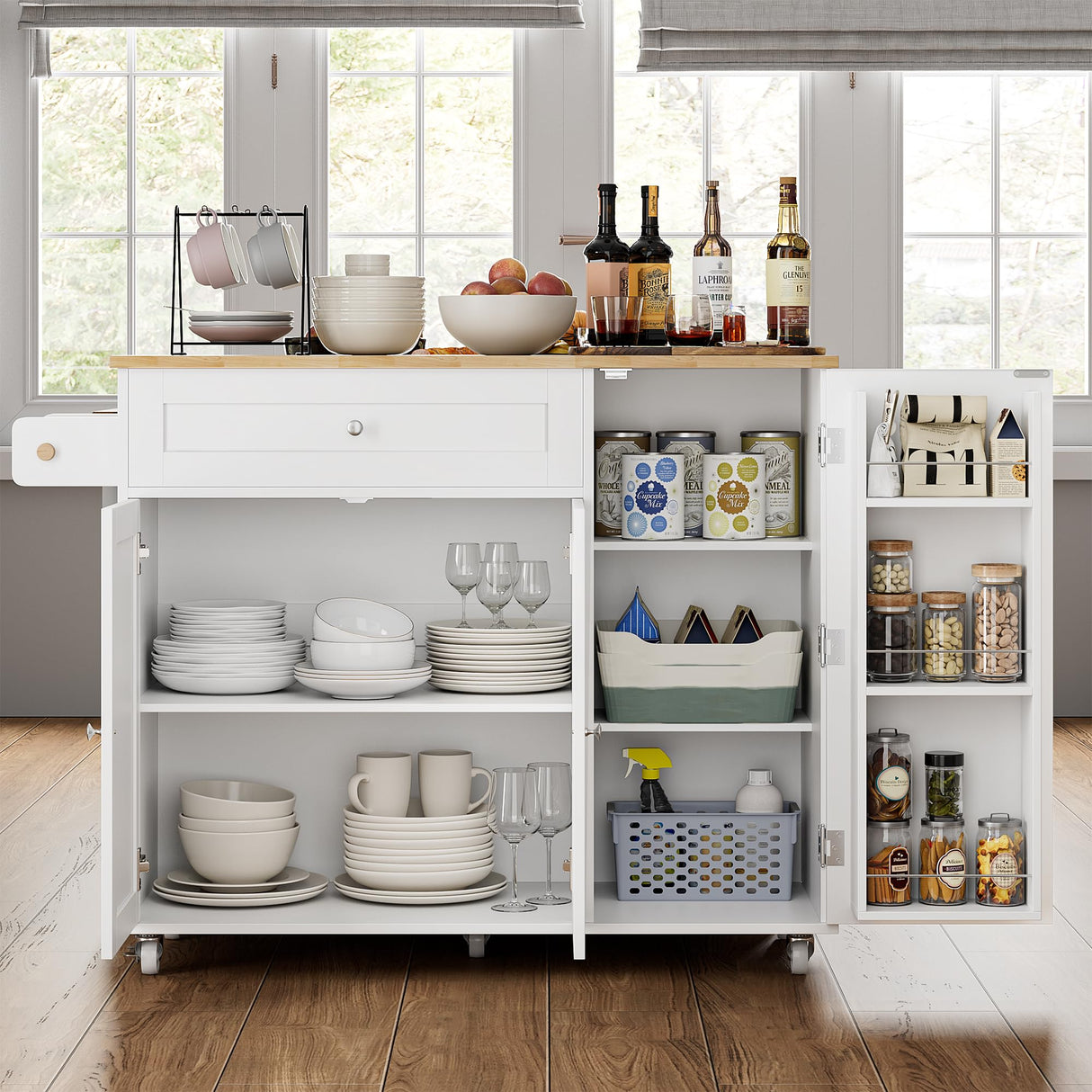 BOTLOG Kitchen Island with Storage, Island Table on Wheels with Drop Leaf, Spice Rack, Drawer, Towel Rack, Rolling Kitchen Island Cart for Dinning Room, White 15.7-27.55" D x 47.63" W x 35.43" H BOTLOG