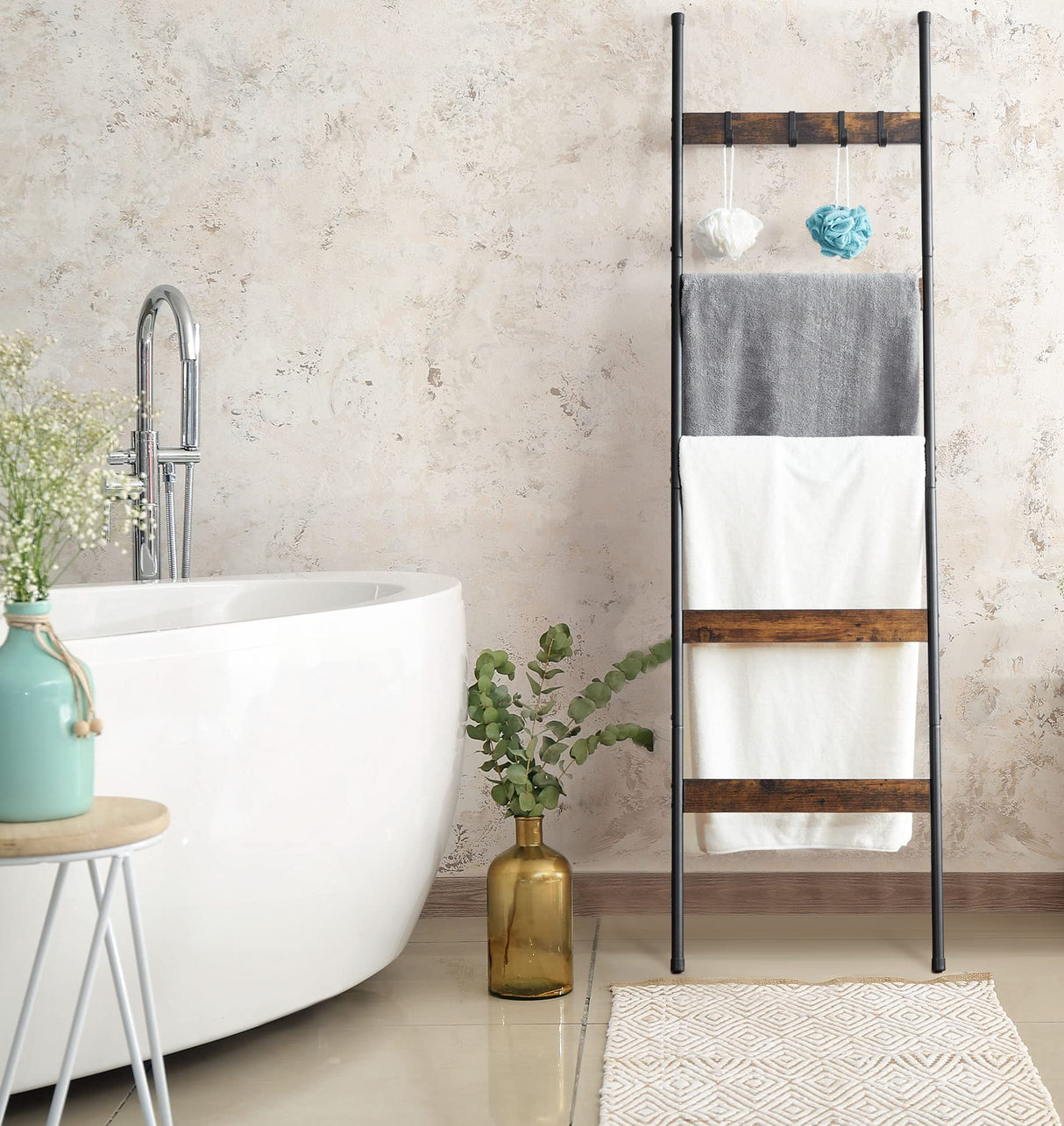 ELYKEN Blanket Ladder for Living Room, Farmhouse 5 -Tier Quilt Holder with 4 Removable Hooks for Bathroom, Wood Towel Rack Display, Wall Anchor Leaning Decorative Stand for Home Decor, Rustic Brown ELYKEN