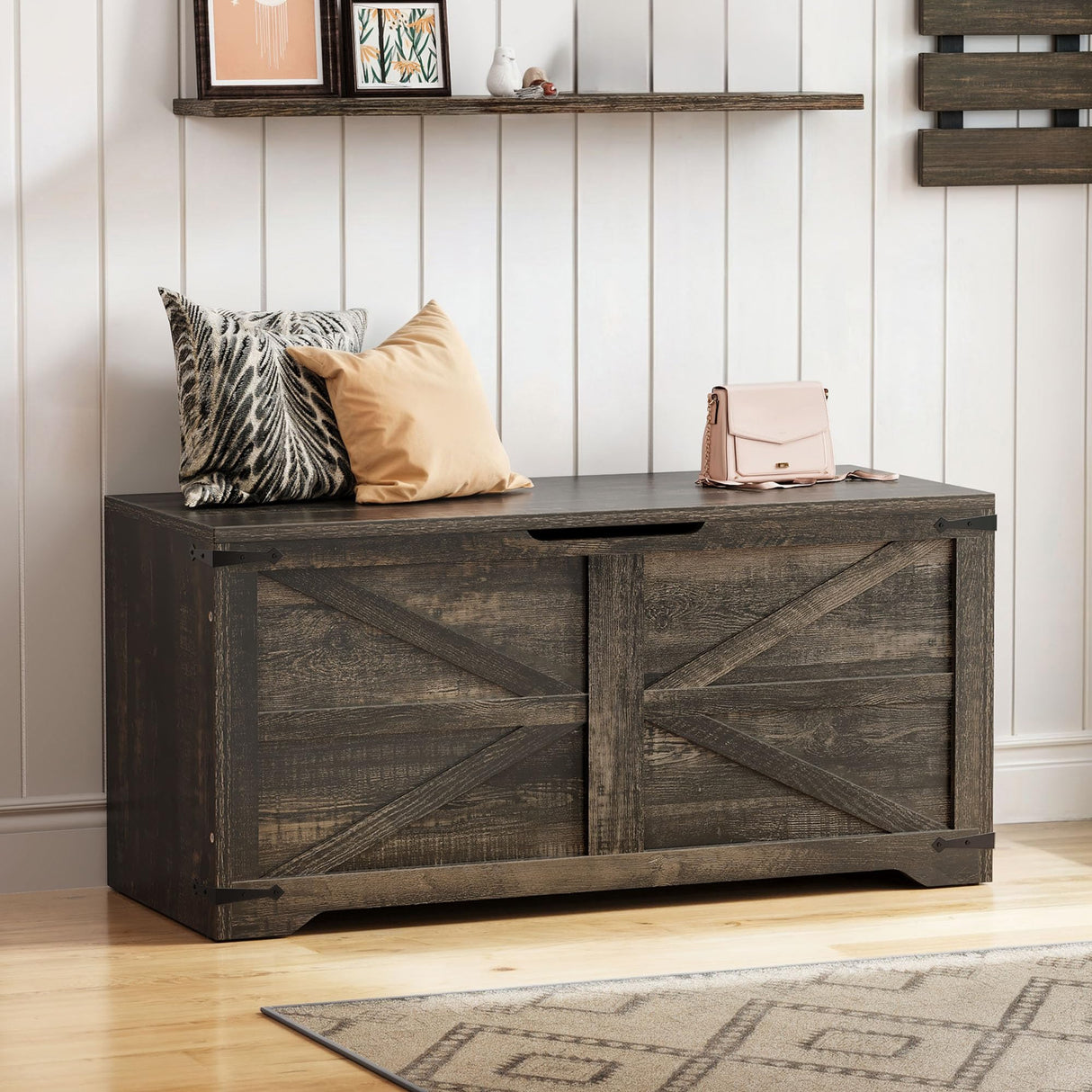 DWVO Storage Bench, Farmhouse Storage Chest with 2 Safety Hinges, 39.4" Retro Wooden Storage Organizer, Shoe Bench for Entryway, Bedroom, Living Room, Dark Rustic Oak DWVO