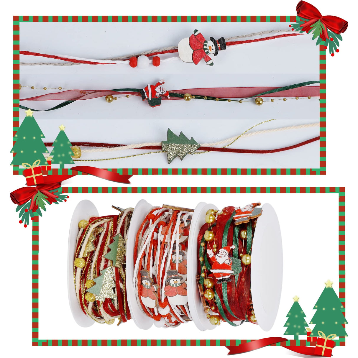 winemana 3 Pack 16.4 Ft Christmas Beads Ribbon, Christmas Tree Trim Rope with Santa Claus Snowman, Xmas Decorations for Garland, Wreath, Gift Wrapping, DIY Crafts Ornaments, Wedding Party Decor winemana